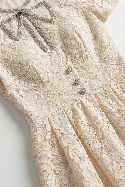 Agathe - Short-Sleeve Lace Dress with Rounded Neckline and Bow