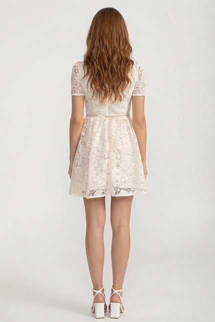 Agathe - Short-Sleeve Lace Dress with Rounded Neckline and Bow