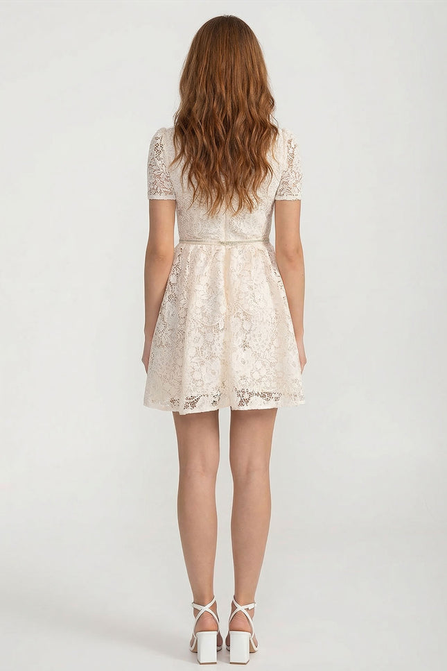 Agathe - Short-Sleeve Lace Dress with Rounded Neckline and Bow