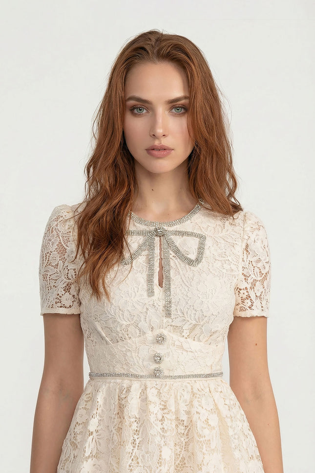 Agathe - Short-Sleeve Lace Dress with Rounded Neckline and Bow