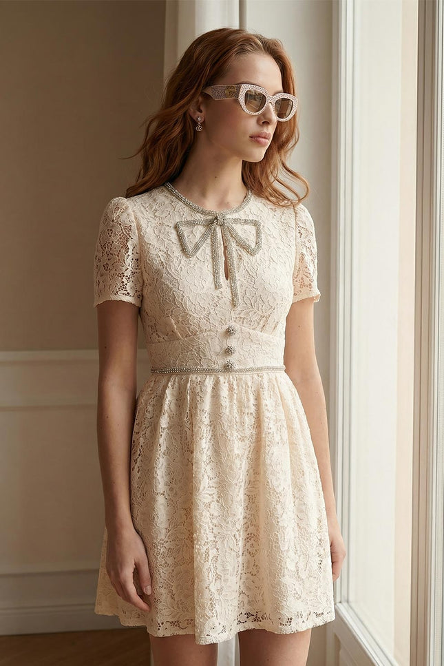 Agathe - Short-Sleeve Lace Dress with Rounded Neckline and Bow