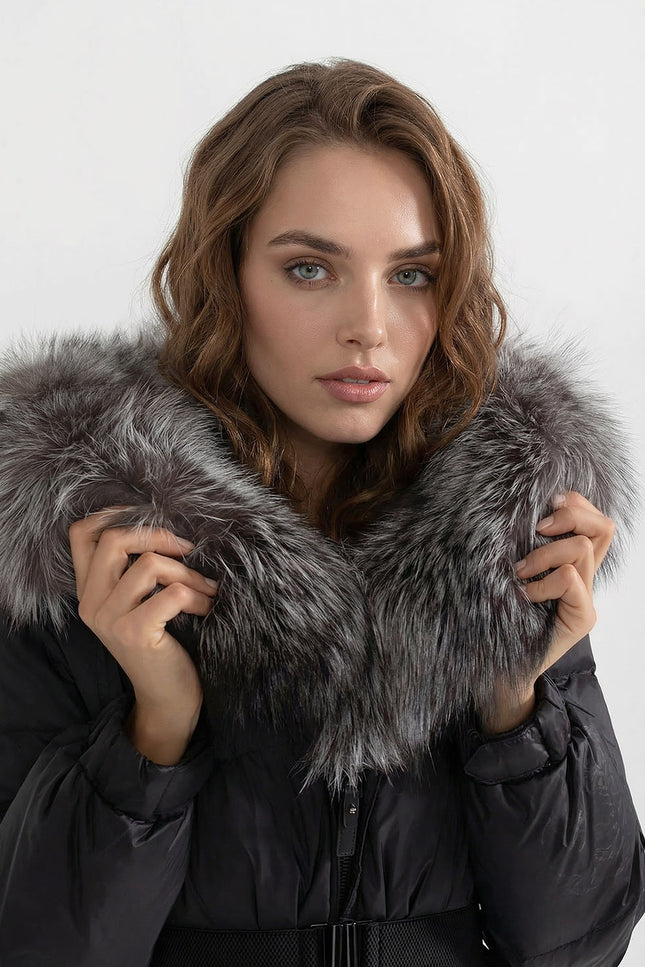 Alice - Belted Puffer Jacket with Fox Fur Lined Hood