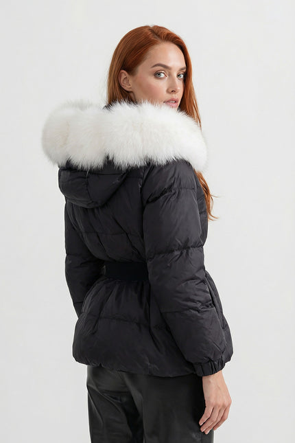 Alice - Belted Puffer Jacket with Fox Fur Lined Hood