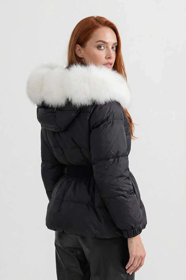 Alice - Belted Puffer Jacket with Fox Fur Lined Hood