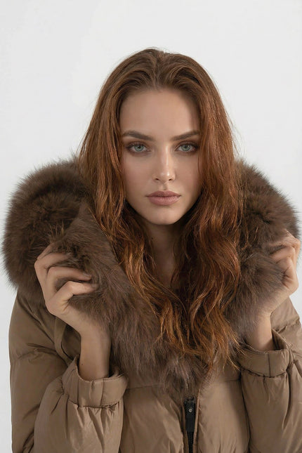 Alice - Belted Puffer Jacket with Fox Fur Lined Hood
