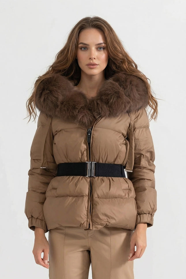 Alice - Belted Puffer Jacket with Fox Fur Lined Hood