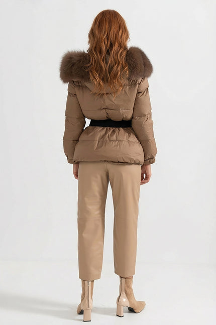 Alice - Belted Puffer Jacket with Fox Fur Lined Hood