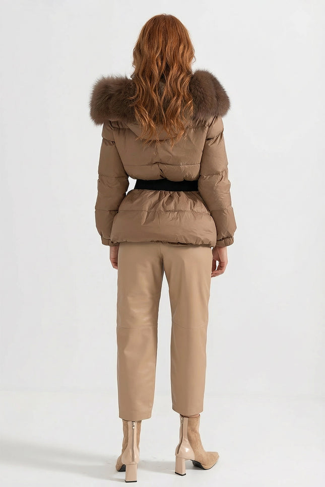 Alice - Belted Puffer Jacket with Fox Fur Lined Hood
