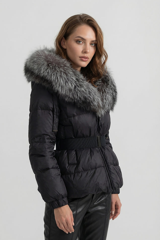 Alice - Belted Puffer Jacket with Fox Fur Lined Hood