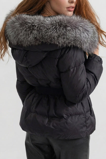 Alice - Belted Puffer Jacket with Fox Fur Lined Hood