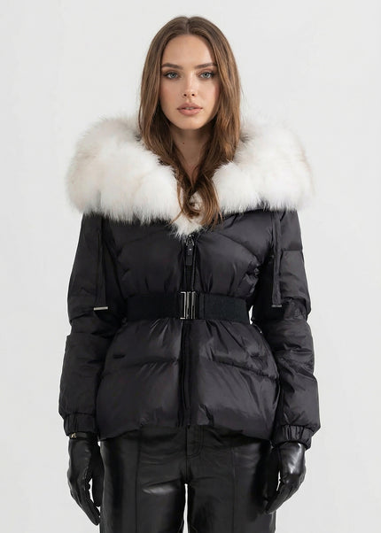 Alice - Belted Puffer Jacket with Fox Fur Lined Hood