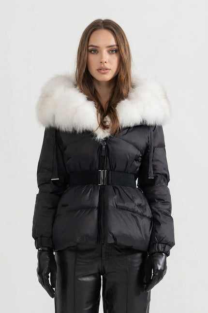 Alice - Belted Puffer Jacket with Fox Fur Lined Hood