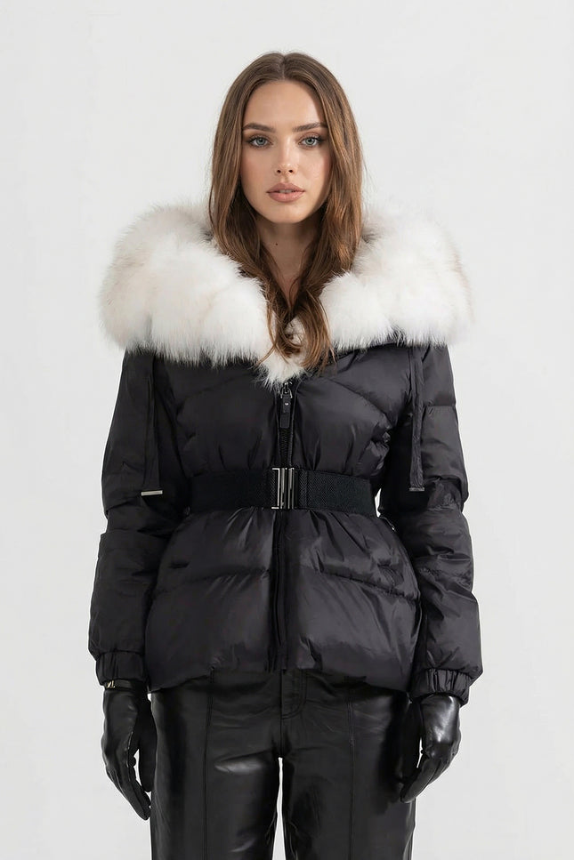 Alice - Belted Puffer Jacket with Fox Fur Lined Hood