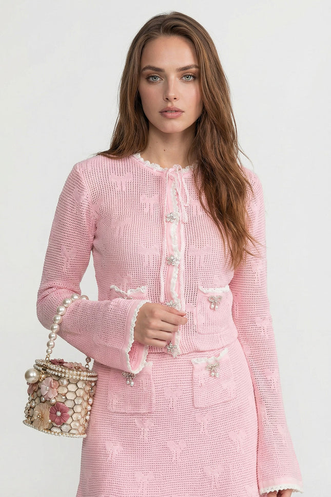 Alma - Knit Co-ord Set With Pearl and Bow Detailing