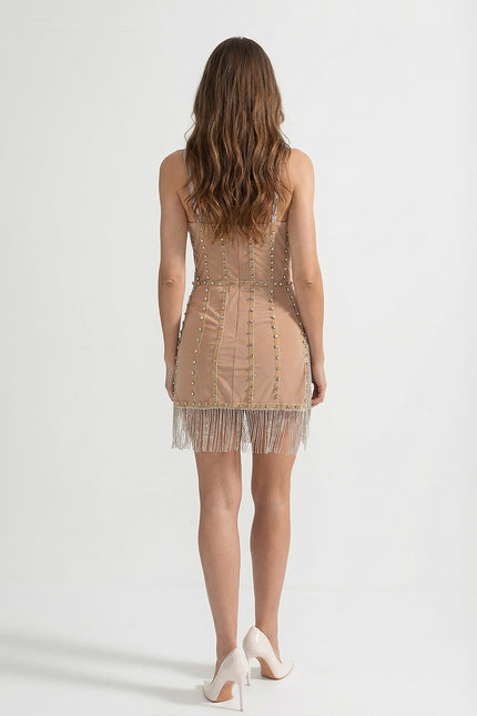Amara - Mini Dress with Fitted Bodice and Silver Beading Accents