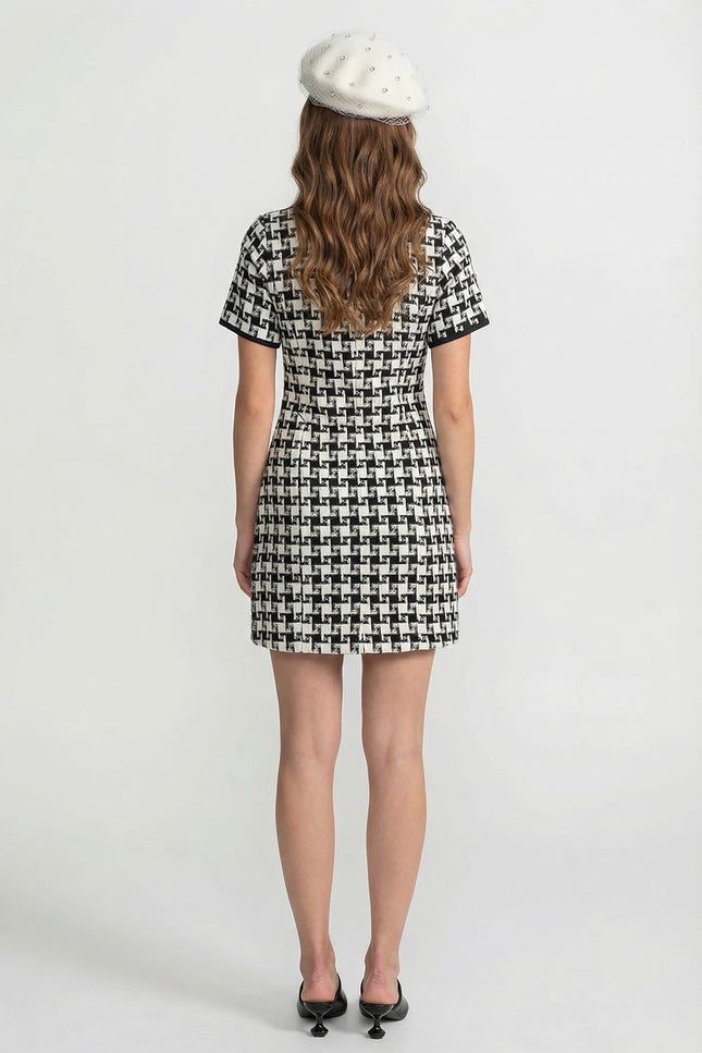 Amarante - Velvet Bow Tweed Mini Dress With Check Pattern