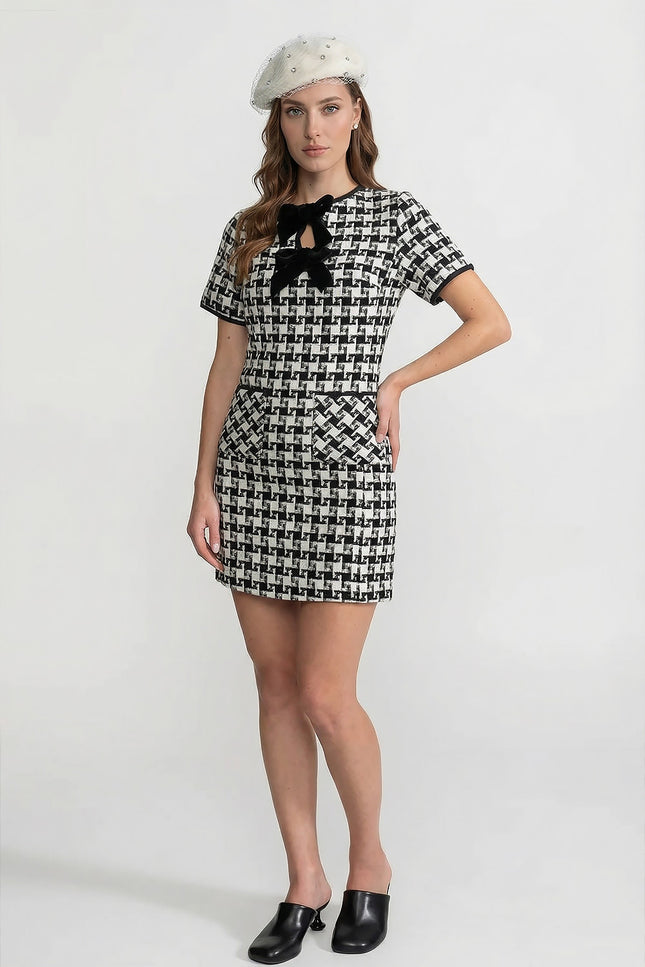 Amarante - Velvet Bow Tweed Mini Dress With Check Pattern