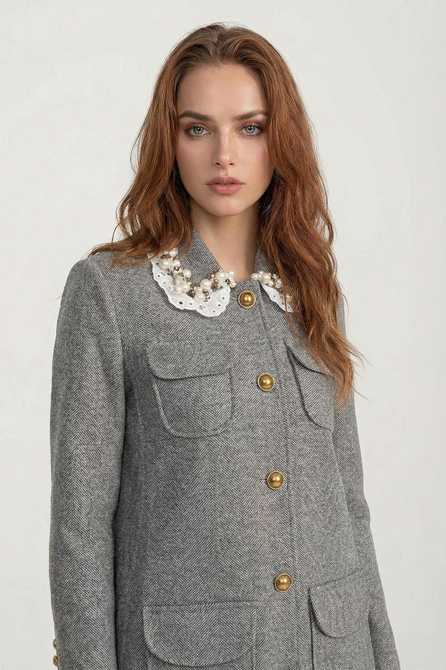 Anastasia - Mini Coat with Lace Pearl Collar