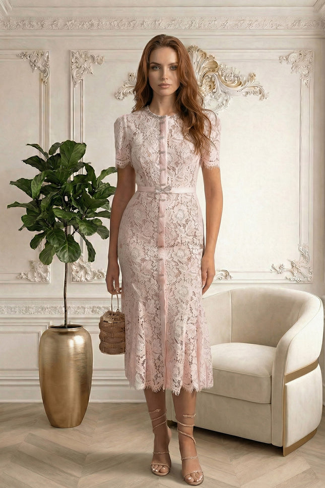 Anne - Floral Lace Fitted Dress with Button Accents & Scalloped Hem