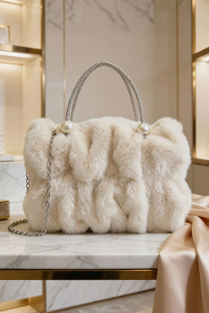 Aralia - Faux Fur Mini Bag With Pearl Handle
