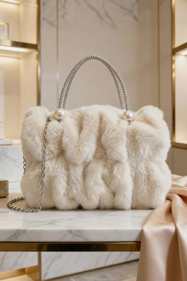 Aralia - Faux Fur Mini Bag With Pearl Handle