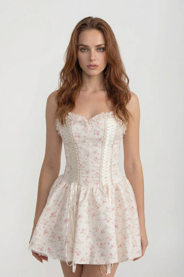 Aurore - Corset Mini Dress with Sweetheart Neckline and Floral Detail