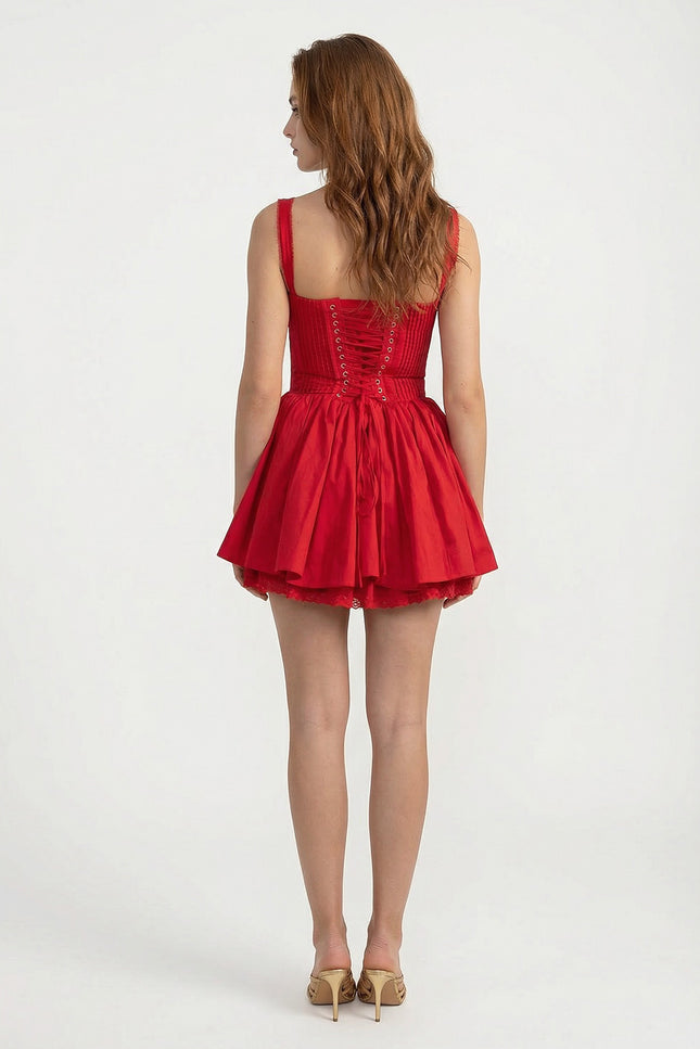 Bellaria - Lace-Up Back Bustier Dress with Gathered Hem