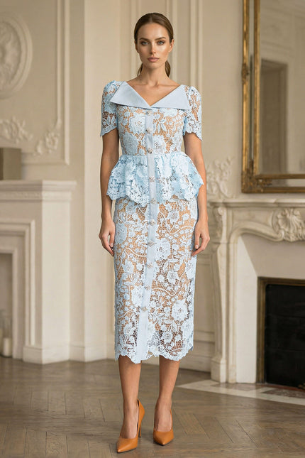 Caroline - Lace Midi Dress with Peplum Waist and Satin Collar
