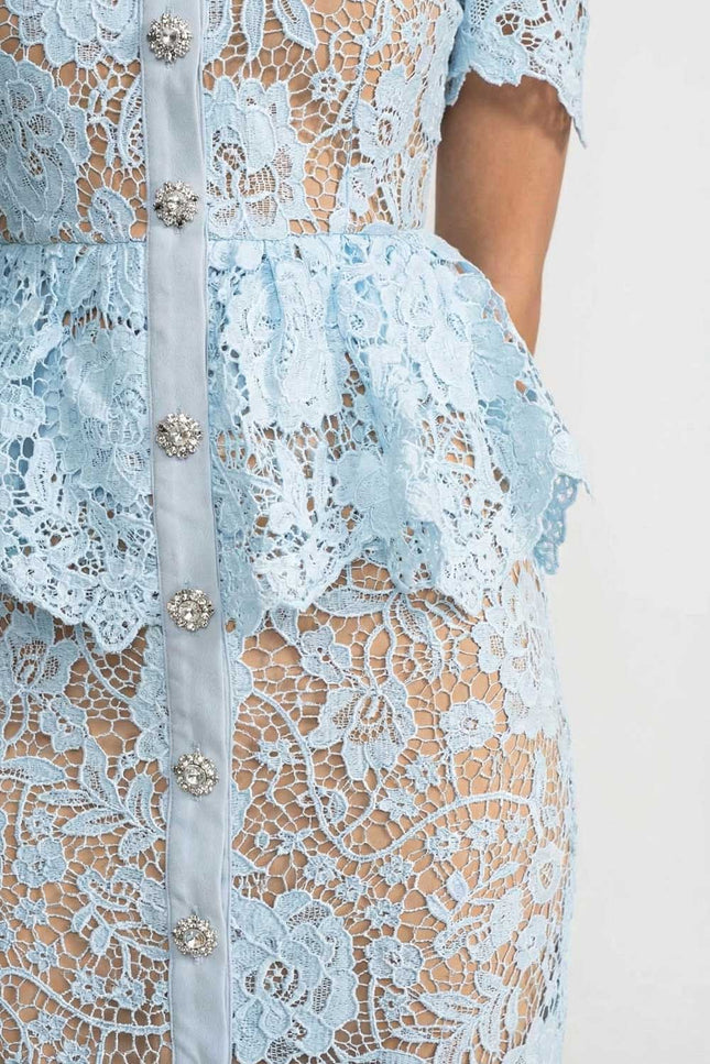 Caroline - Lace Midi Dress with Peplum Waist and Satin Collar