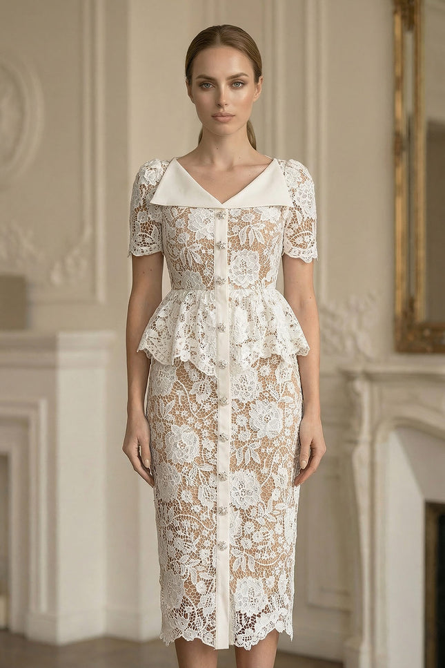 Caroline - Lace Midi Dress with Peplum Waist and Satin Collar