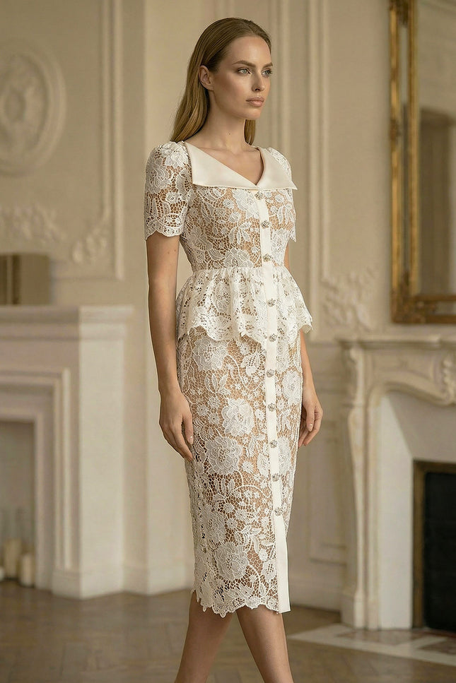 Caroline - Lace Midi Dress with Peplum Waist and Satin Collar