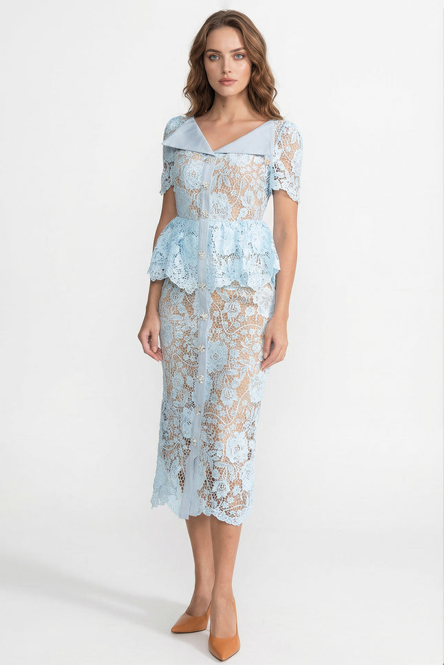 Caroline - Lace Midi Dress with Peplum Waist and Satin Collar