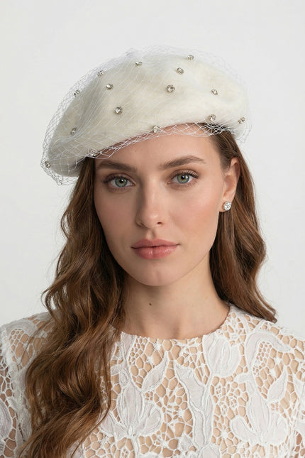 Celeste - Embellished Wool Beret with Veil