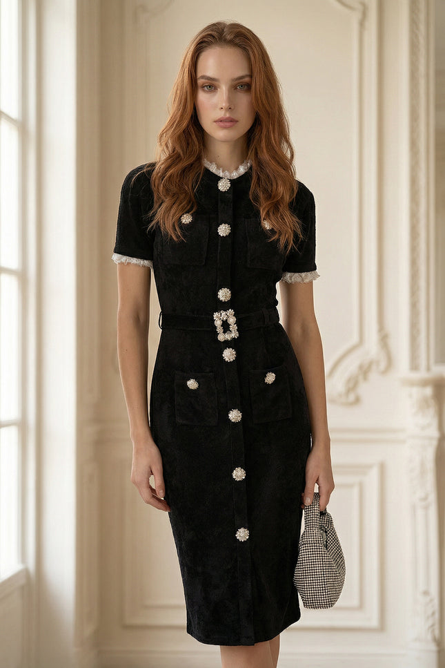 Clover - Crystal Button Lace Trim Midi Dress