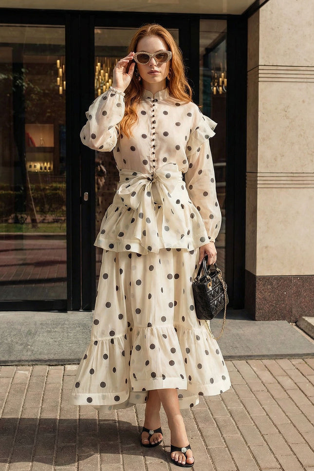 Daniella - Polka Dot Co-Ord With Puff Sleeves and Waist Bow