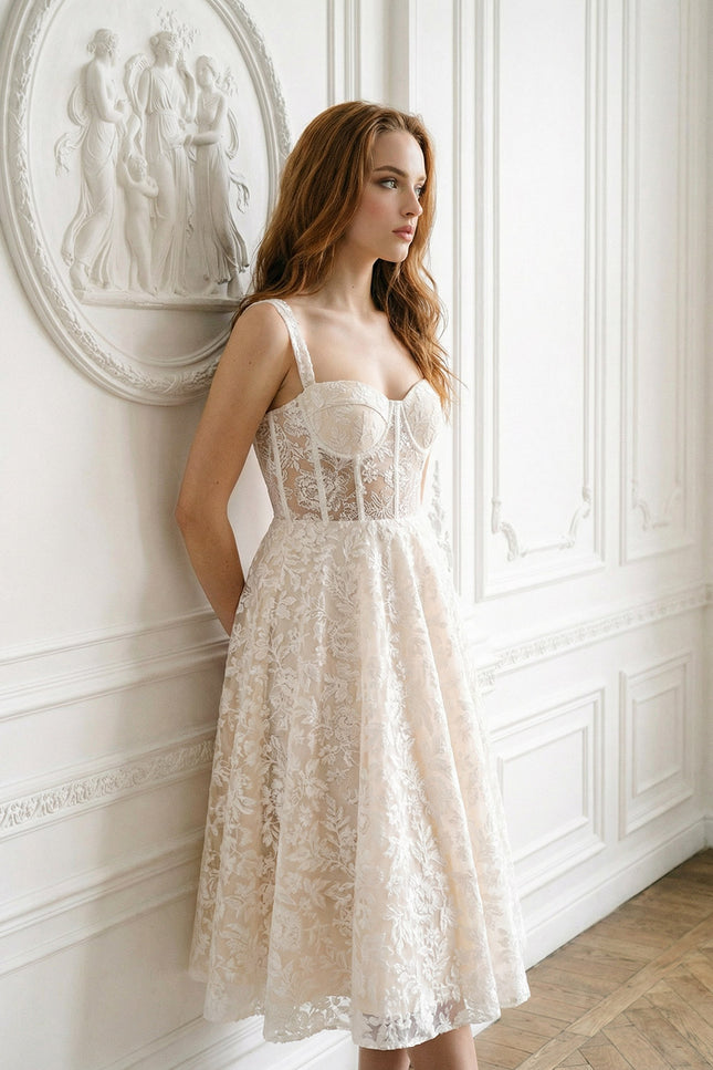 Delphine - Lace Dress with Fitted Bodice and Floral Detailing