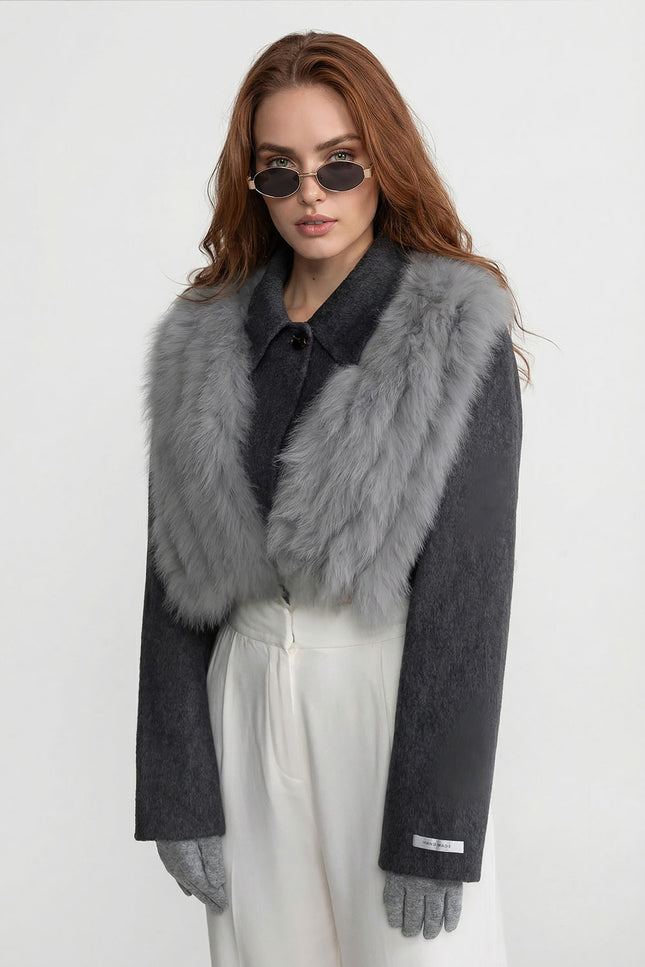 Desirée - Cropped Wool Jacket Featuring Fox Fur Collar
