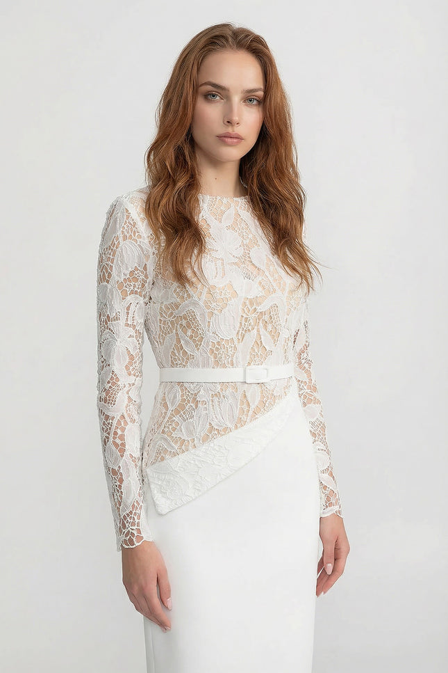 Donatella - Sheer Lace Bodice Midi Dress