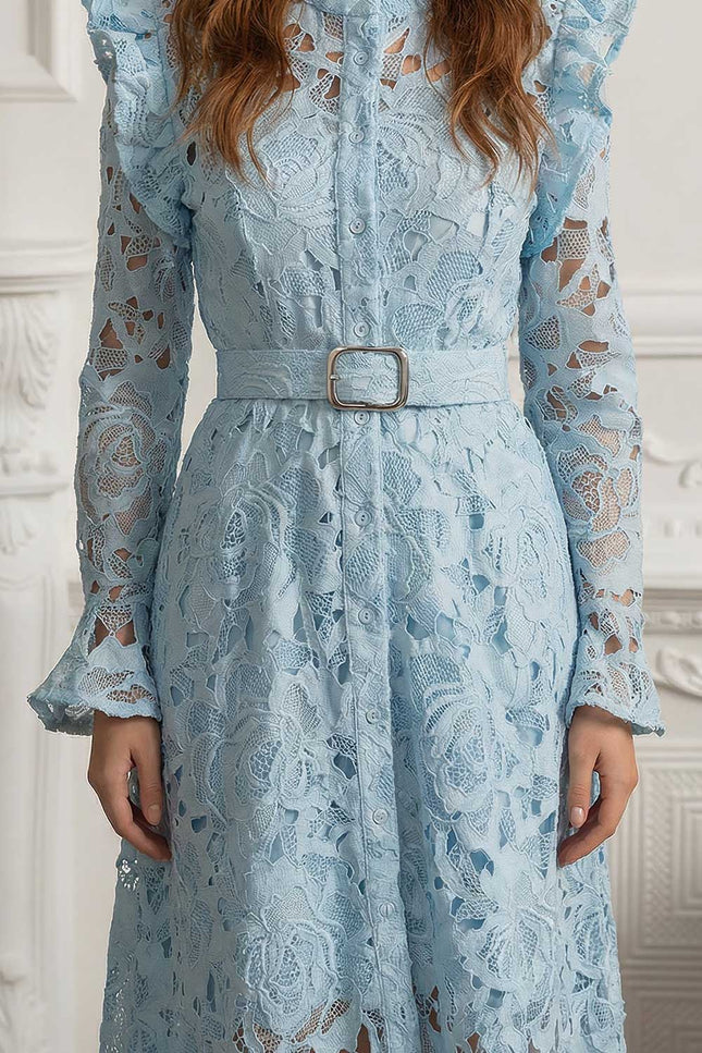 Élodiane - Floral Lace Midi Dress with Ruffled Shoulders