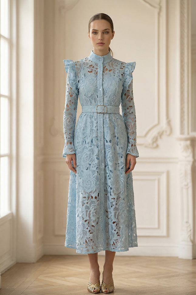 Élodiane - Floral Lace Midi Dress with Ruffled Shoulders