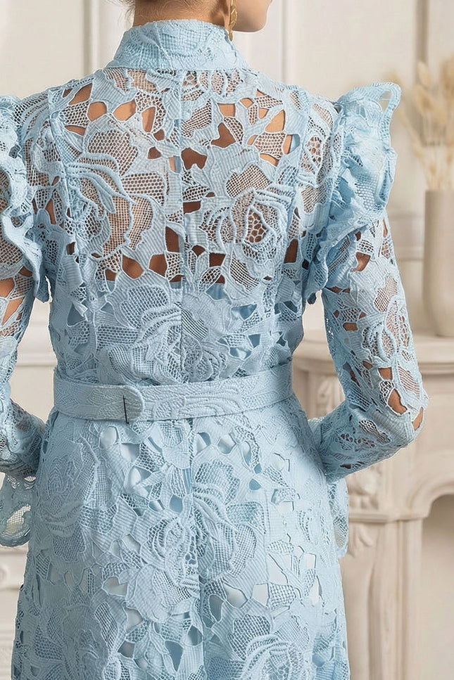 Élodiane - Floral Lace Midi Dress with Ruffled Shoulders