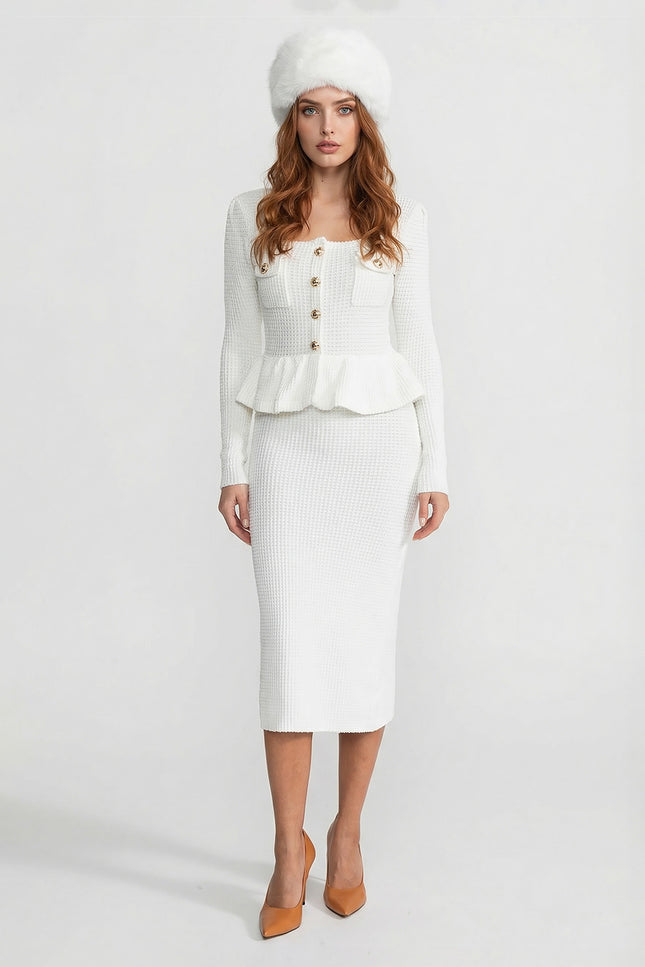 Emilia - Textured Knit Dress with Peplum Waist & Gold Buttons