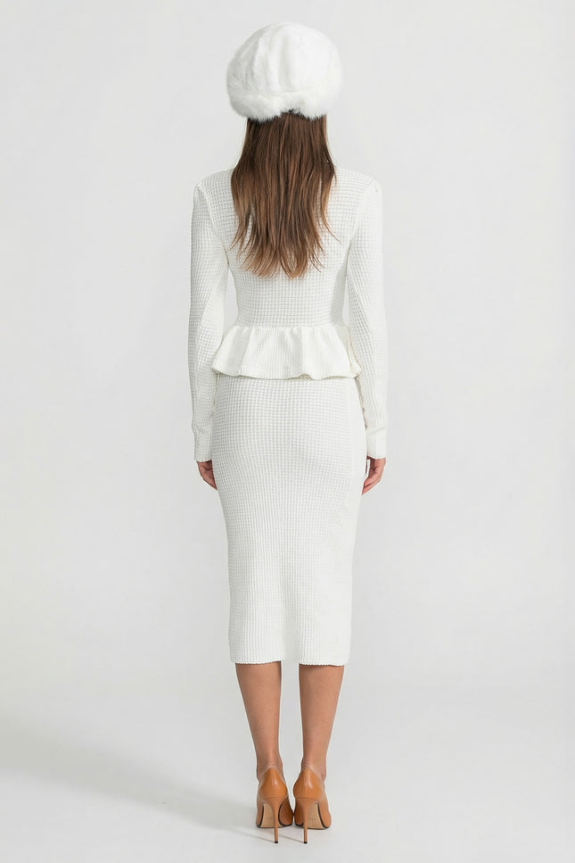 Emilia - Textured Knit Dress with Peplum Waist & Gold Buttons