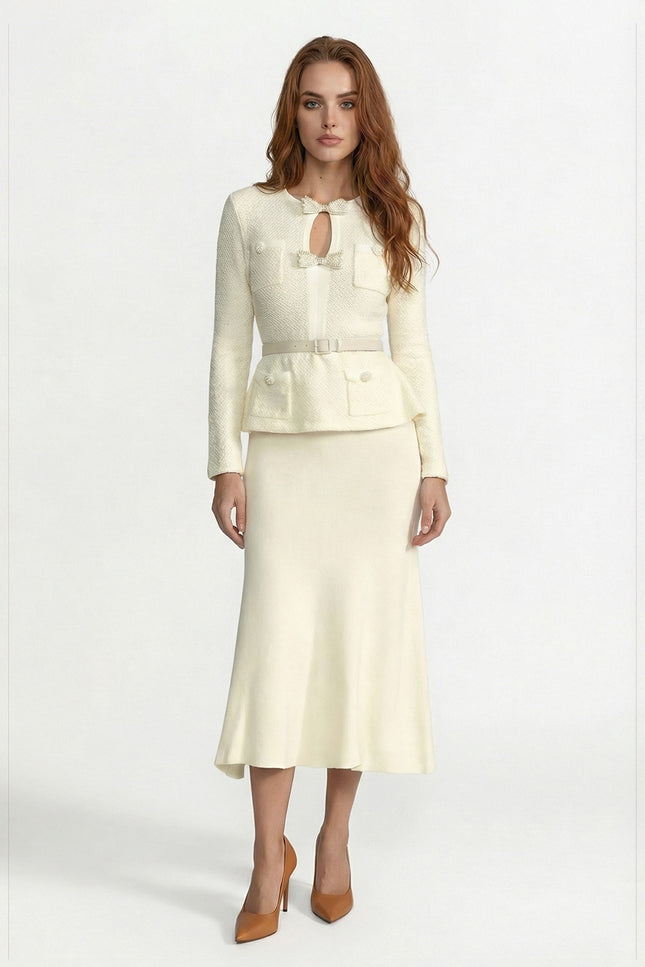 Evette - Tweed Peplum Knit Midi Dress