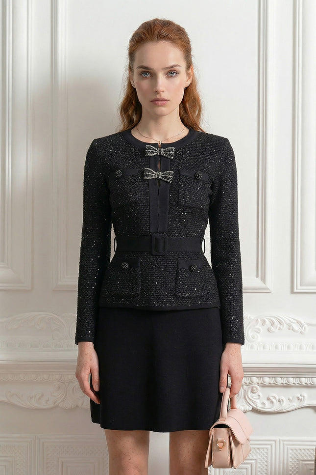 Félicie - Tweed Co-Ord Set with Embellished Bow Closures and Mini Skirt