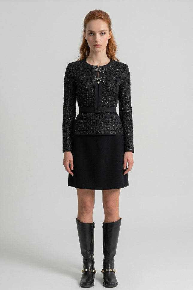 Félicie - Tweed Co-Ord Set with Embellished Bow Closures and Mini Skirt