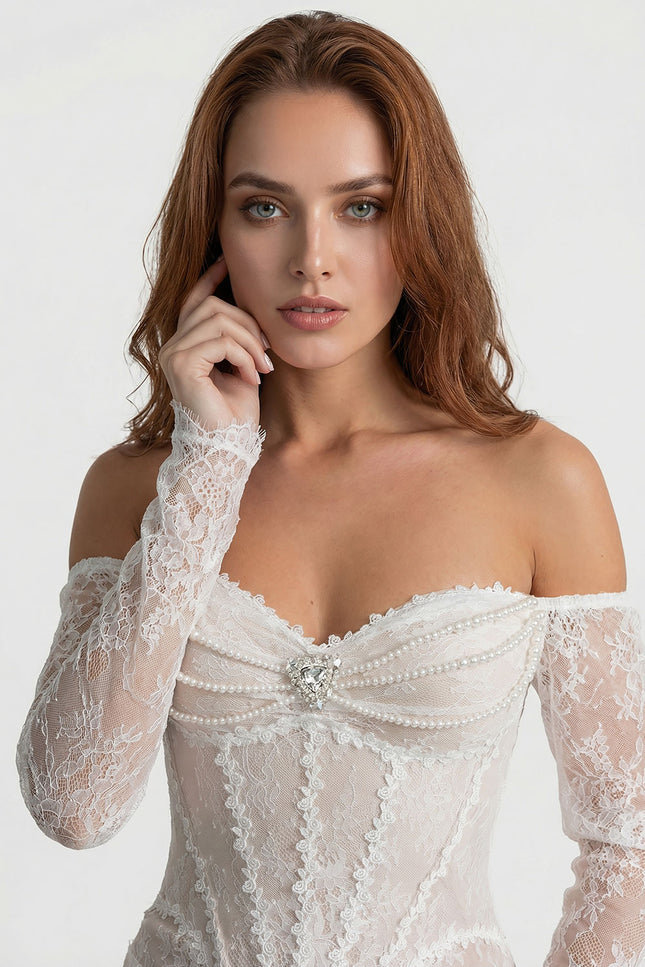 Fiorella - Lace Off-Shoulder Midi Dress with Pearl-Embellished Bustier