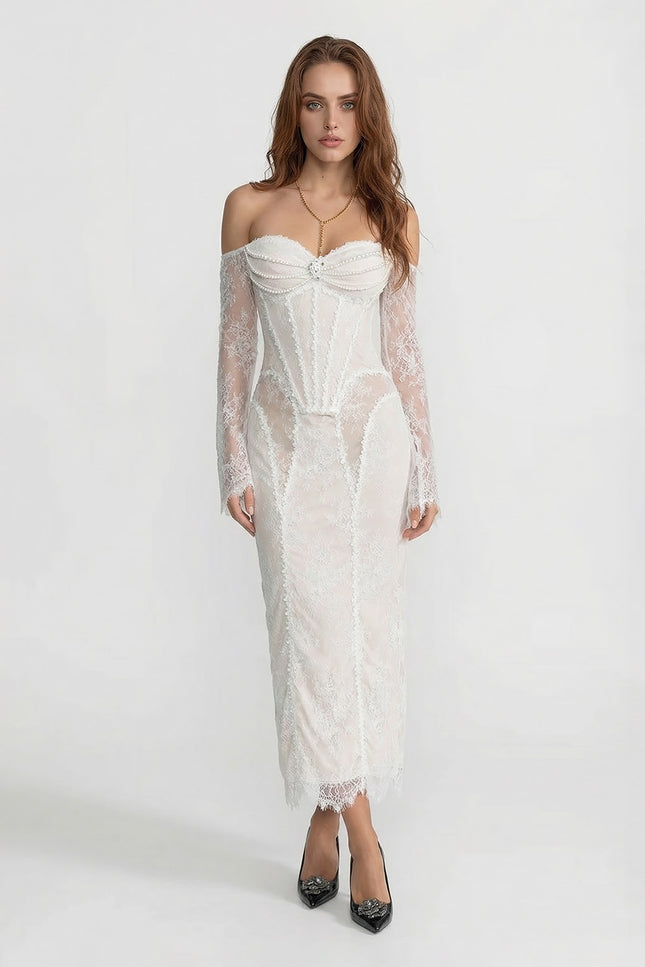 Fiorella - Lace Off-Shoulder Midi Dress with Pearl-Embellished Bustier