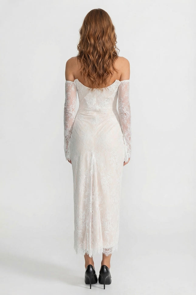 Fiorella - Lace Off-Shoulder Midi Dress with Pearl-Embellished Bustier