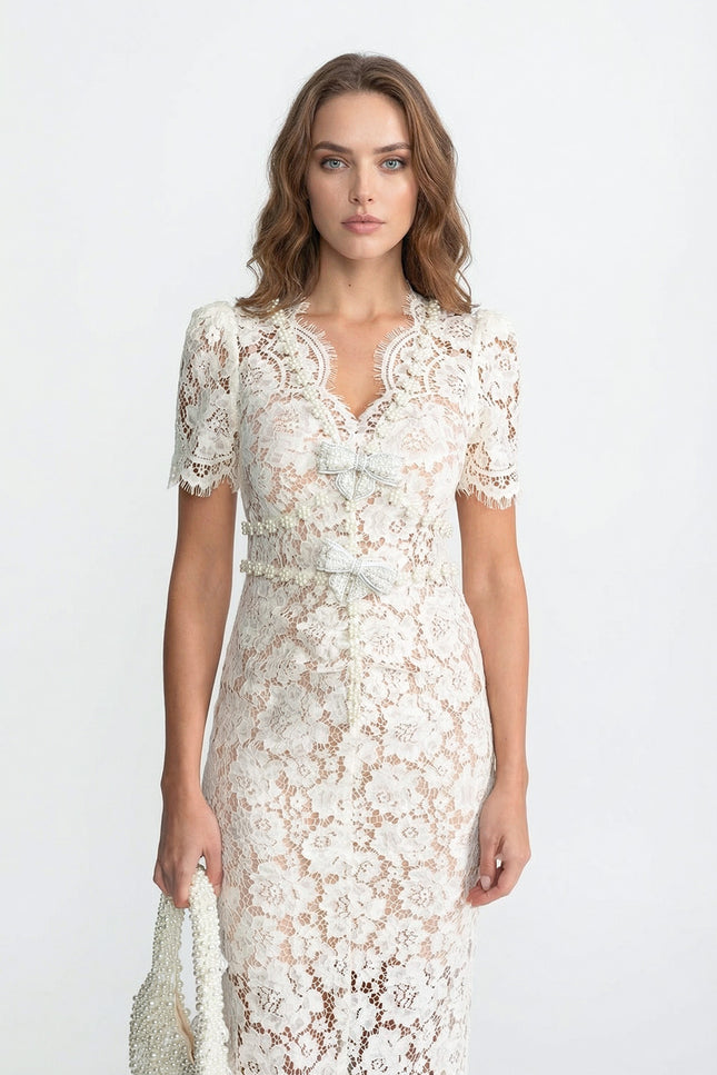 Gaëlle - Embellished Lace Midi Dress with Bow